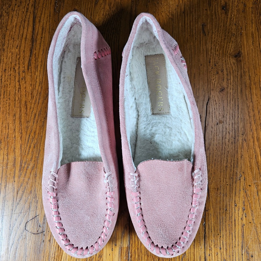 Jack Rogers Millie Pink Suede Shearling Lined Moccasin Slippers‎ Women's Sz 8.5B - Picture 2 of 8